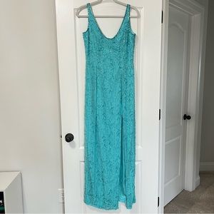 VINTAGE Alyce 100% Silk Floral Beaded Turquoise Maxi Gown Slip Dress